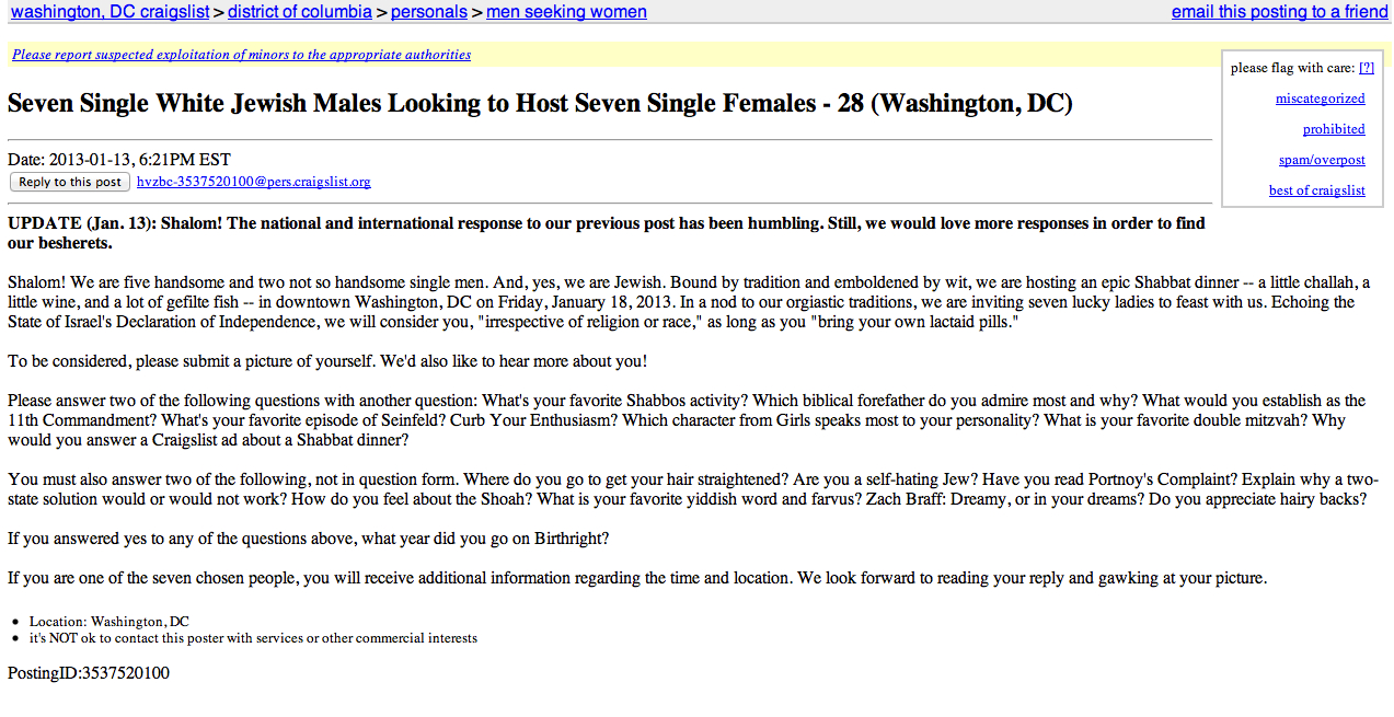 Epic Jewish Craigslist Ad – Heeb