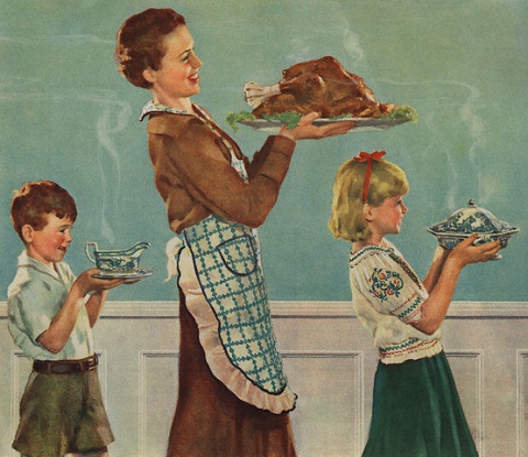 Illustration of Mother and Children Carrying Thanksgiving Dinner by Douglass Crockwell